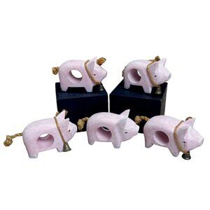 VTG Pig Napkin Rings Holders Wood Pink Hand Painted Set of 5  3.5" . Taiwan Made